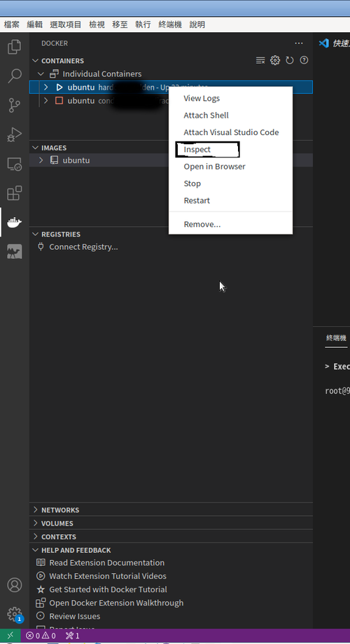 於左方欄開啓 Docker 圖示，點進去運作的容器，然後再點選 inspect